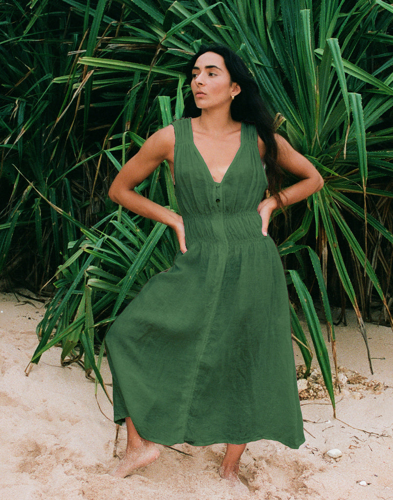 LUNA ROBE MIDI EN LIN / MOSS