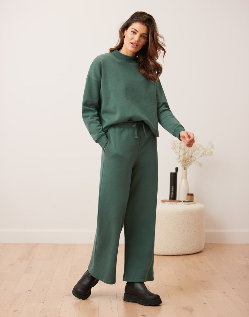 PANTALON MOLLETONNÉ JAMBE LARGE / VERT ÉMERAUDE