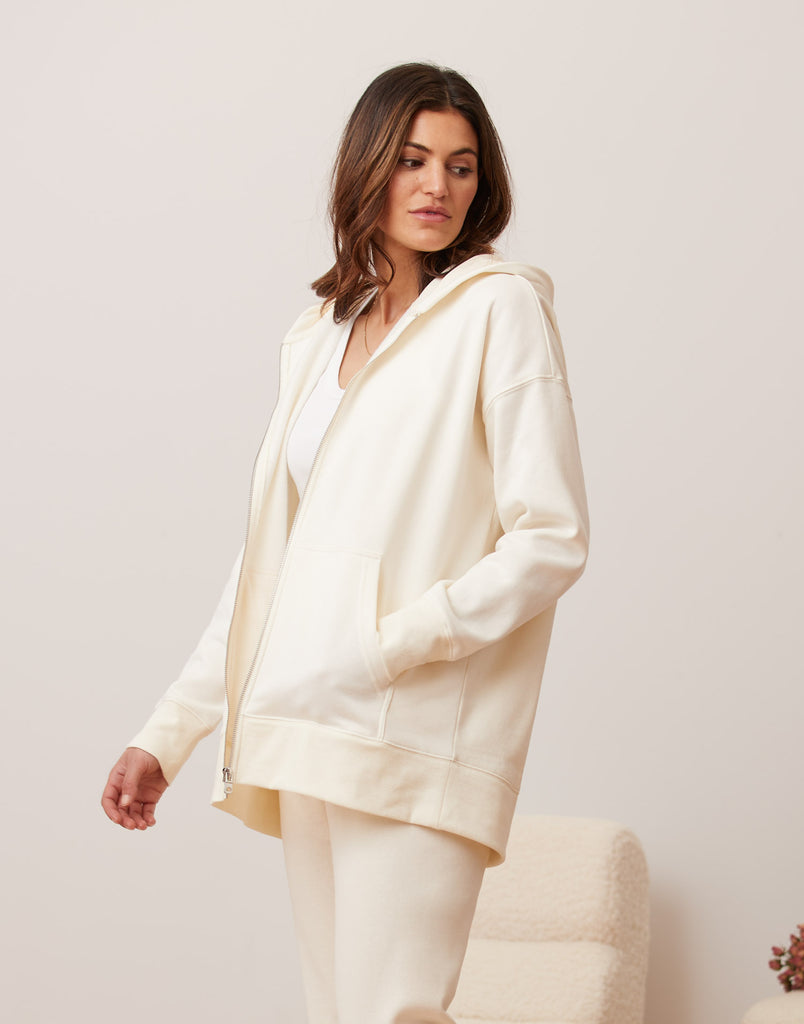 VESTE BOYFRIEND À ZIP ET CAPUCHON / CRÈME