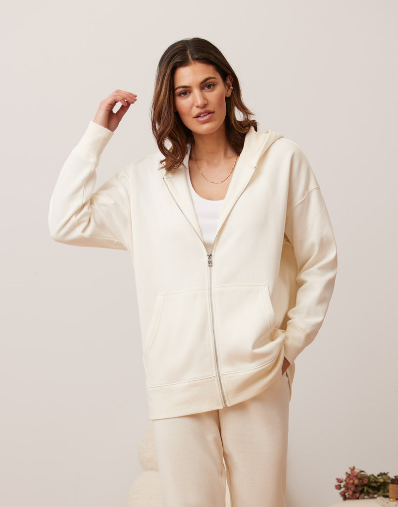VESTE BOYFRIEND À ZIP ET CAPUCHON / CRÈME