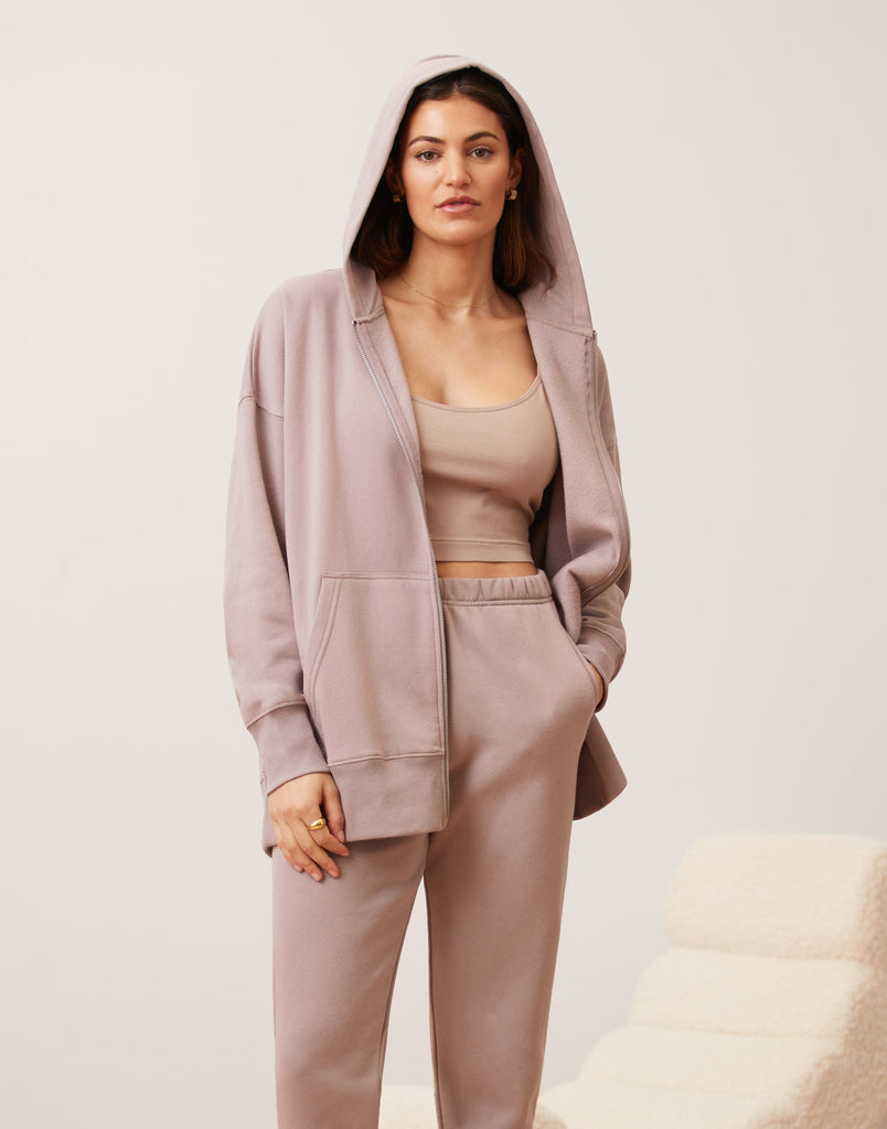 VESTE BOYFRIEND À ZIP ET CAPUCHON / ROSE TAUPE
