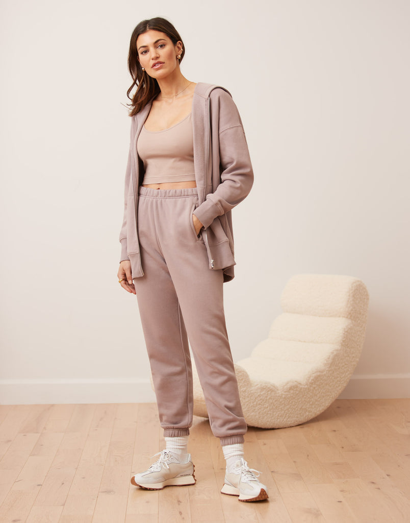 VESTE BOYFRIEND À ZIP ET CAPUCHON / ROSE TAUPE